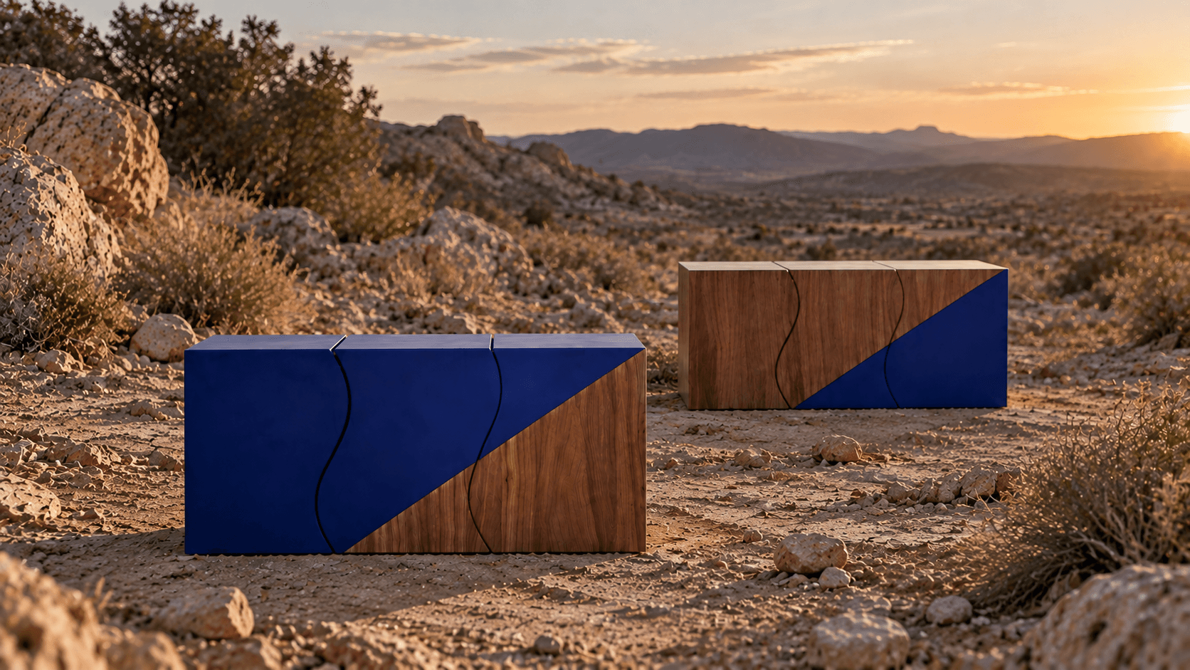 Two stool configurations in a Mediterranean landscape at sunset, between sea and land