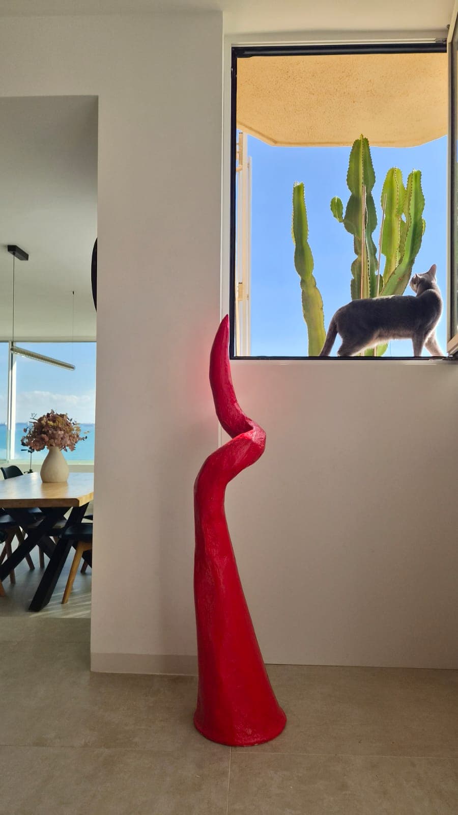 Il Corno in Paula’s home, with a window and cat beyond