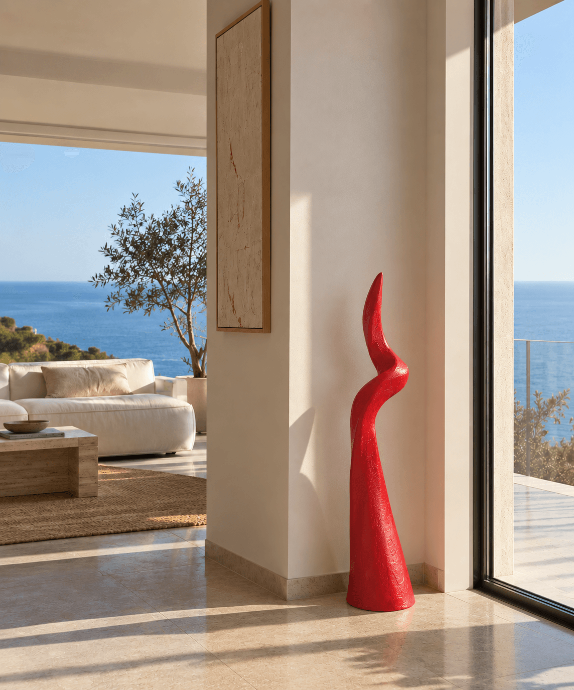 Il Corno, papier-mâché sculpture by Paula de Motta in a coastal interior overlooking the sea