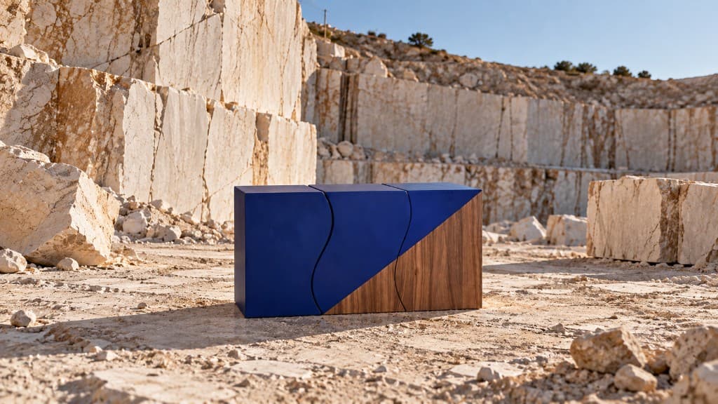 Three sculptural stools in a stone quarry, blue and wood volumes joined by a wave-like line
