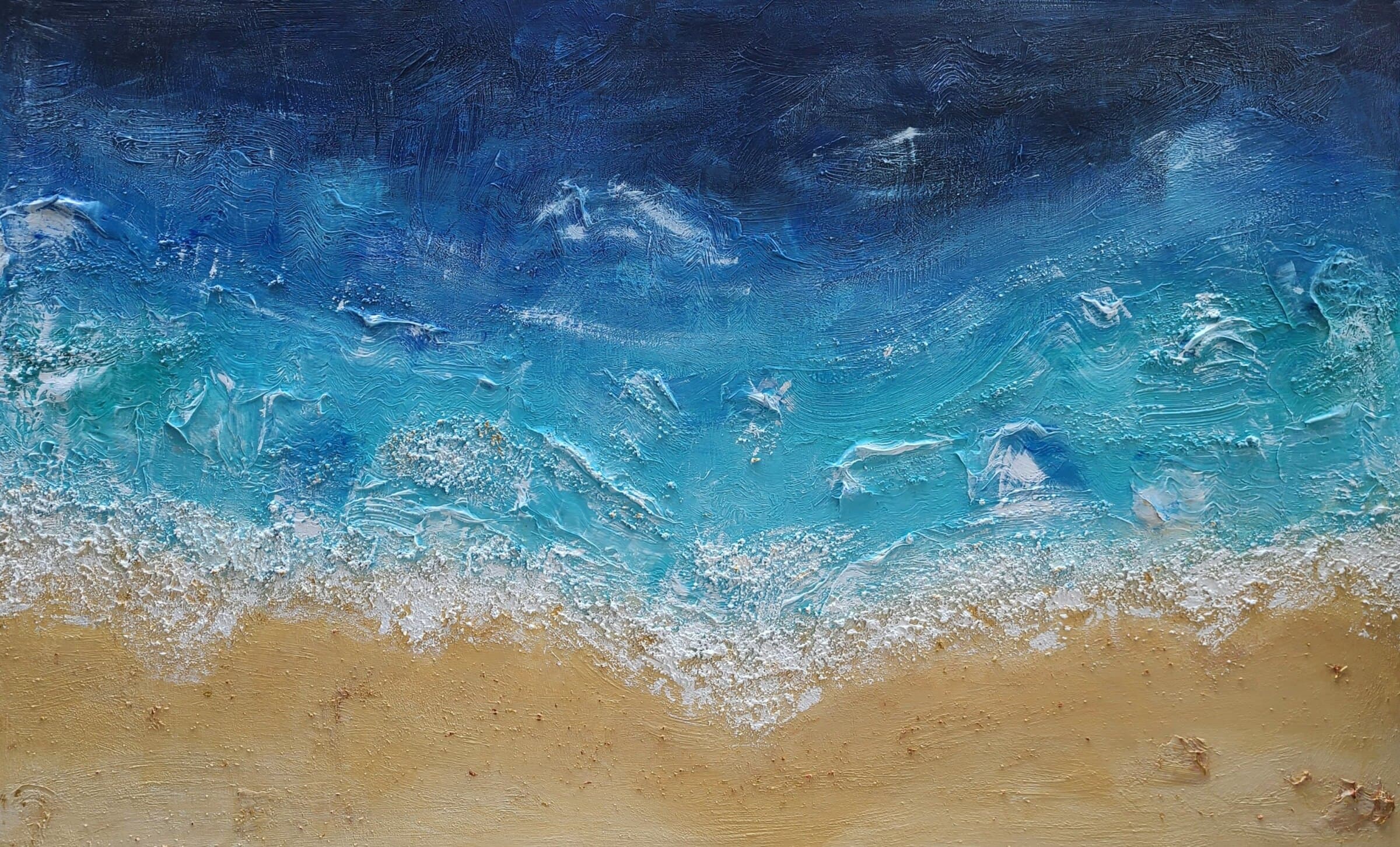 Mediterranean, 2021, acrylic and mixed textures on wood, from the Ocean collection by Paula de Motta